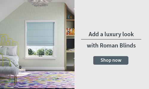 Roman Blind banner with a blue roman blind in a bedroom
