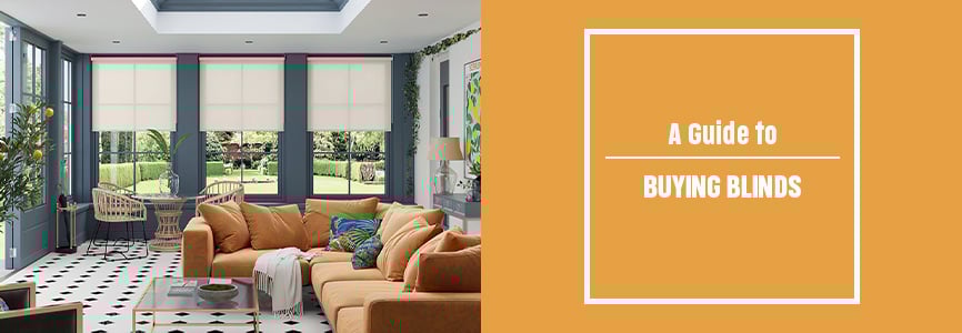 A guide to buying blinds banner with a conservatory with three cream rollers