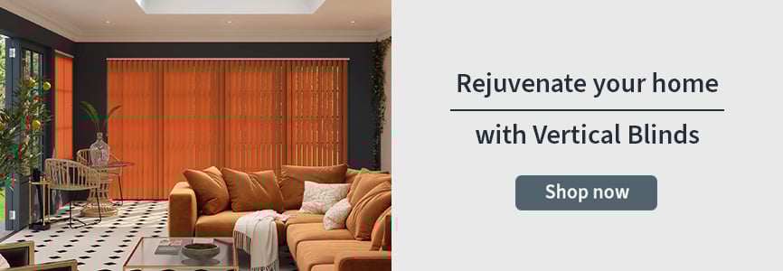 Vertical Blind banner with a set of orange verticals in a modern conservatory