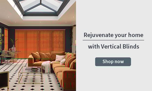 Vertical Blind banner with a set of orange verticals in a modern conservatory