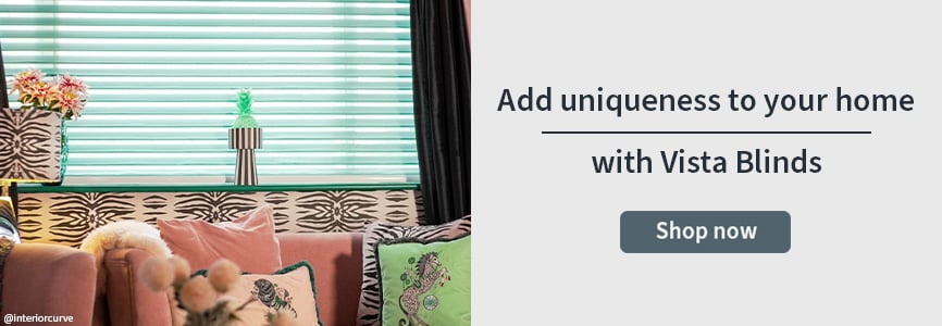 Vista Blind Banner with a blue vista blind in a maximalist room