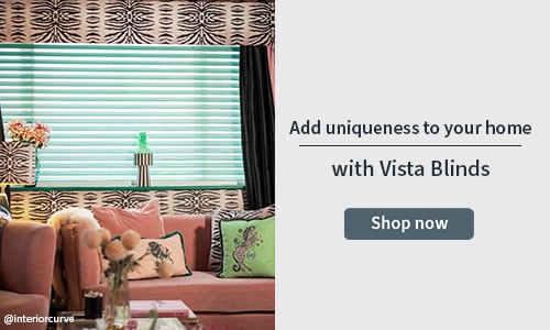 Vista Blind Banner with a blue vista blind in a maximalist room
