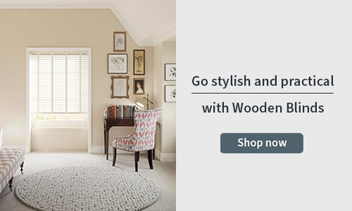Wooden Blind banner with a white taped wooden blind in a bedroom
