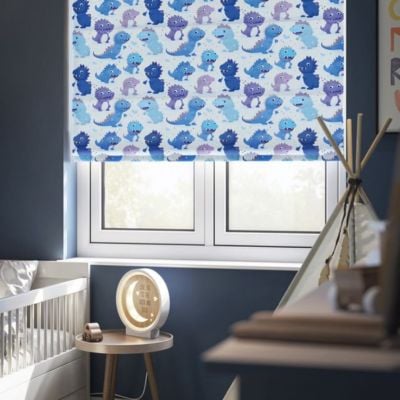 A blue and white dinosaur printed Roman blind in a dark blue children's room 