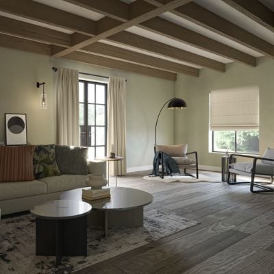 Beige Roman blind and curtains in a modern living room