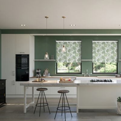 Printed blackout roller blind in kitchen