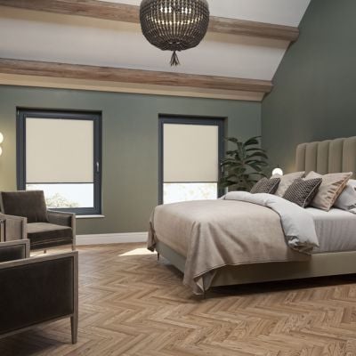 Taupe, no-drill, perfect fit pleated blinds in a modern, green bedroom. 