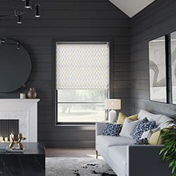 A black painted living room is shown with a white and grey pattern roller blind in the window.