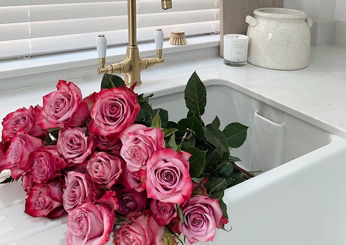 Roses in a kitchen sink in front of a white wooden blind