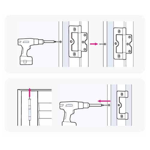 A graphic showing how to secure shutter door hinges